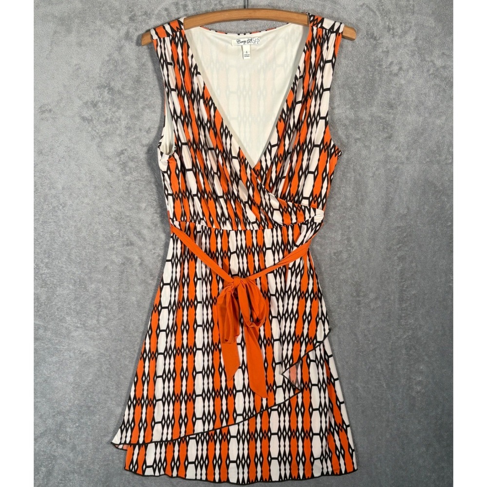Corey P Womens Orange Black Geometric Faux Wrap Sleeveless Dress L Retro MCM